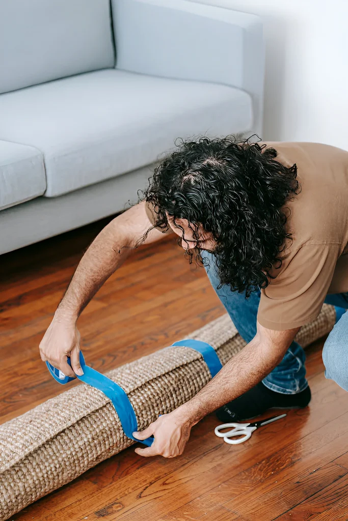 carpet-repair-page-image-taping-the-carpet A man taping the carpet after carpet repair