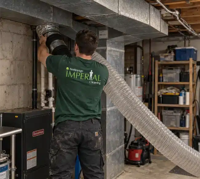 Professional air duct cleaning technician removing and inspecting an HVAC air filter